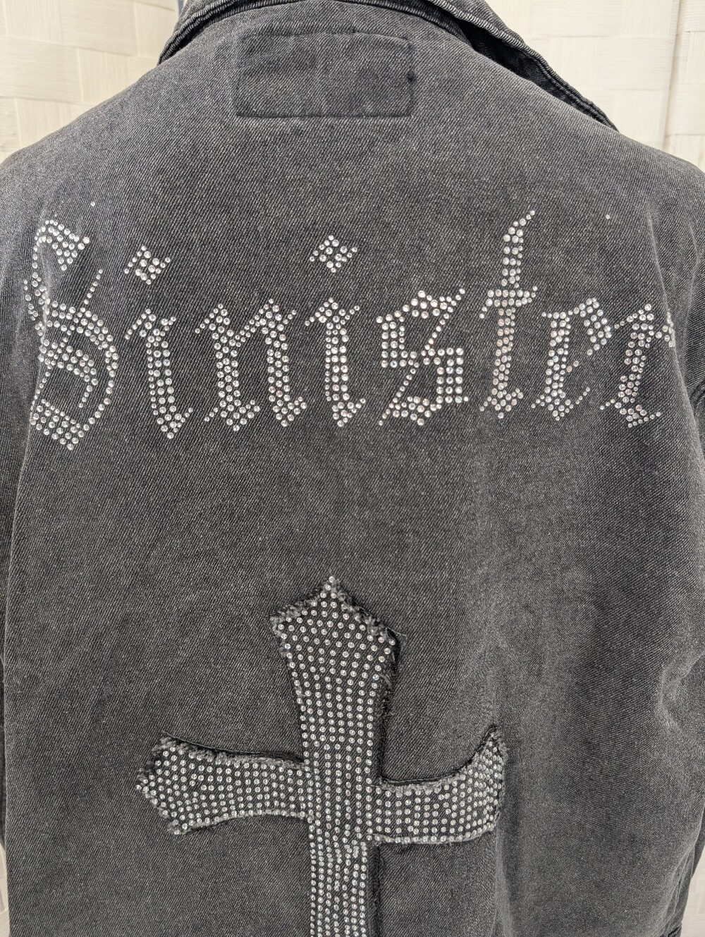 Denim Jacket 'Sinister' Cross Written In Rhinestones Black Denim Jacket Sz L - Picture 3 of 6